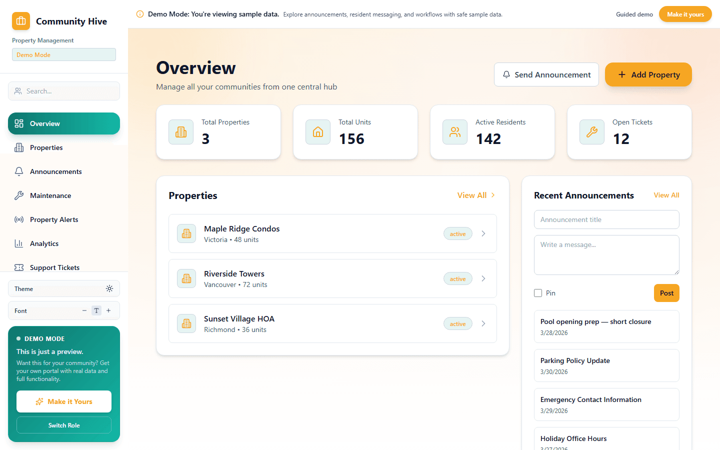 Property manager dashboard with building overview, properties, announcements, and open tickets